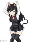  1girl animal_ears arms_up asashio_(kantai_collection) black_hair black_legwear blue_eyes cat_ears cat_tail commentary_request cowboy_shot dated dress feet_out_of_frame kantai_collection knees_together long_hair long_sleeves looking_at_viewer looking_up masara_(masalucky2010) neck_ribbon pinafore_dress red_ribbon remodel_(kantai_collection) ribbon salute solo standing tail thighhighs twitter_username white_background 