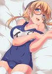  blonde_hair blue_eyes breasts glasses hat i-8_(kantai_collection) kantai_collection large_breasts long_hair lying mole name_tag on_back on_bed one-piece_swimsuit open_mouth red-framed_eyewear school_swimsuit smile solo suikamaru swimsuit thighhighs twintails white_legwear 