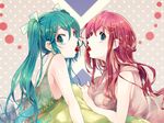  aqua_eyes cherry food fruit green_eyes green_hair hair_ornament hairclip hatsune_miku itsuya_(daystar) long_hair looking_at_viewer megurine_luka mouth_hold multiple_girls pink_hair red_hair shared_food twintails very_long_hair vocaloid 