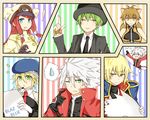  3girls animal_ears blazblue blonde_hair blue_eyes doll green_eyes green_hair hazama jin_kisaragi makoto_nanaya multiple_boys multiple_girls noel_vermillion ragna_the_bloodedge red_hair silver_hair squirrel_ears squirrel_tail sweat tail tsubaki_yayoi 