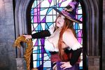  1girl breasts cosplay dragon&#039;s_crown hat huge_breasts luu_(cosplayer) photo red_hair sorceress sorceress_(dragon&#039;s_crown) sorceress_(dragon&#039;s_crown)_(cosplay) staff witch_hat 