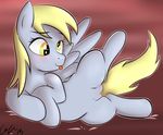  barefoot blonde_hair derp derpy_hooves_(mlp) equine eyelashes feathers female feral friendship_is_magic fur grey_fur grey_nose hair happy hi_res hooves long_hair lying mammal matimus91 my_little_pony nude on_floor on_side pegasus plain_background pose pussy raised_leg red_background shadow shiny smile solo tongue tongue_out white_eyes wings yellow_eyes 