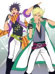  2boys :d battle_tendency black_gloves blonde_hair blue_eyes boots caesar_anthonio_zeppeli fingerless_gloves gloves hands_up holding holding_microphone jacket jewelry jojo_no_kimyou_na_bouken joseph_joestar_(young) kotatsu_(g-rough) male_focus microphone multiple_boys necklace open_clothes open_jacket open_mouth pants pointing purple_hair scarf short_sleeves sketch smile striped striped_scarf white_jacket white_pants 