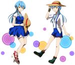  blue_hair cardfight!!_vanguard charlene_chen flower gillian_chen hat long_hair looking_at_viewer mino_(diviness) multiple_girls shorts simple_background smile straw_hat sunflower suspenders white_background yellow_eyes 
