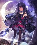  armpits belt black_hair blue_eyes card character_request cloud cloudy_sky dress gloves hood long_hair looking_at_viewer mckeee moon night night_sky pantyhose shingeki_no_bahamut sky solo staff star star_(sky) starry_sky tree watermark weapon 