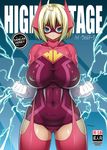  :&lt; ahoge blonde_hair blue_eyes breasts cameltoe clenched_hands cover cover_page covered_navel covered_nipples doujin_cover ear_protection electricity gloves high_voltage_(onomeshin) huge_breasts impossible_clothes leotard mask onomeshin original pink_legwear purple_leotard short_hair skin_tight solo superhero taut_clothes thighhighs white_gloves 