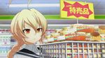  ahoge bangs basket blazblue blonde_hair blurry blush braid brand_name_imitation ceiling closed_mouth collared_shirt depth_of_field es_(xblaze) flipped_hair food game_cg glico gradient_eyes groceries hair_between_eyes higuchi_konomi huge_ahoge indoors lights long_hair looking_to_the_side multicolored multicolored_eyes portrait pudding red_eyes school_uniform serafuku shirt shopping shopping_basket sign single_braid supermarket tile_ceiling tiles translated xblaze xblaze_code:_embryo yellow_eyes 