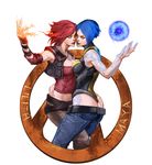  ass blue_hair bob_cut borderlands borderlands_2 breast_press fingerless_gloves fire gloves highres ikeda_masateru lilith_(borderlands) lipstick makeup maya_(borderlands) multiple_girls pants red_hair smile symmetrical_docking tattoo yellow_eyes 