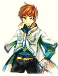  1boy belt brown_hair cape capelet earrings fingerless_gloves gloves green_eyes jewelry pants short_hair slay_(tales) sorey_(tales) tales_of_(series) tales_of_zestiria 