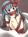  bat_wings bdsm blue_hair blush bondage bound bow commentary gagged gaoo_(frpjx283) gift hair_bow highres in_container in_sack long_hair no_hat no_headwear nude red_eyes remilia_scarlet ribbon ribbon_bondage sack scared solo tears touhou trembling wide-eyed wings 