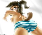  brown_hair butt camel_toe eileen eyewear female glasses hair looking_at_viewer mole panties regular_show shinsuke side_boob solo striped_panties topless underwear 