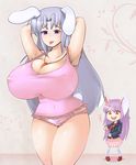  animal_ears armpits blue_eyes blush breasts bunny_ears cosplay covered_navel covered_nipples curvy gigantic_breasts highres inaba_tewi inaba_tewi_(cosplay) laughing multiple_girls no_bra open_mouth oukadan panties pink_panties purple_hair red_eyes reisen_udongein_inaba saliva tongue touhou undersized_clothes underwear white_hair yagokoro_eirin 