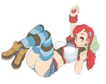  akane_(pokemon) ankle_boots asuna_(pokemon) bad_id bad_tumblr_id boots breasts crossed_ankles flat_color fusion gonzozeppeli hair_ornament hairclip large_breasts long_hair lying midriff miniskirt on_back panties pantyshot pantyshot_(lying) pillow poke_ball pokemon pokemon_(game) red_eyes red_hair skirt smile solo striped striped_legwear suzuna_(pokemon) thighhighs twintails underwear white_panties work_in_progress wristband 