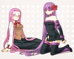  bad_id bad_pixiv_id bare_shoulders blindfold boots bow choker cosplay costume_switch detached_sleeves dress fate/stay_night fate_(series) glasses hair_bow homurahara_academy_uniform kneeling long_hair matou_sakura multiple_girls purple_eyes purple_hair rider school_uniform sitting taa_(acid) thigh_boots thighhighs very_long_hair 