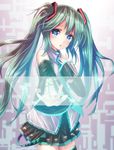  bad_id bad_pixiv_id blue_eyes detached_sleeves green_hair hatsune_miku highres holographic_interface holographic_touchscreen long_hair necktie skirt solo thighhighs toake_mikage twintails vocaloid 