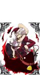  blazblue christmas dead_spike green_eyes hat heterochromia highres kuro_yuzu male_focus ragna_the_bloodedge red_eyes santa_costume santa_hat silver_hair solo 