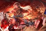  architecture armor battle brown_hair castle east_asian_architecture fire flag japanese_armor katana long_hair original ran_(pixiv2957827) red_eyes samurai sheath smoke sword war weapon wind 