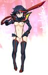  black_hair blush breasts grin harukigenia horns kill_la_kill matoi_ryuuko medium_breasts multicolored_hair nipples pussy red_hair revealing_clothes scissor_blade senketsu short_hair skirt smile suspenders sword thighhighs two-tone_hair weapon 