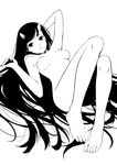  arm_behind_head barefoot breasts feet frown greyscale highres horns long_hair lying medium_breasts mole mole_under_eye monochrome nana_mikoto nipples nude on_back oni_horns original signature solo toes very_long_hair 