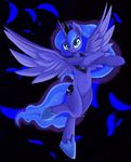  black_background blue_eyes blue_feathers blue_fur blue_hair crown cutie_mark equine female friendship_is_magic fur hair horn horse long_hair looking_at_viewer mammal my_little_pony navel plain_background princess_luna_(mlp) semi-anthro smile solo teal_eyes winged_unicorn wings zokkili 