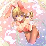  1girl :o animal_ears blonde_hair blush bow bowtie breasts bunny bunny_ears bunnysuit charlotte_dunois cleavage detached_collar infinite_stratos large_breasts leotard long_hair pantyhose purple_eyes red_leotard solo star wrist_cuffs 