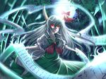  bamboo bamboo_forest dress ex-keine forest full_moon glowing glowing_eyes green_dress highres horn_ribbon horns ichinose_rom kamishirasawa_keine long_hair moon nature night red_eyes ribbon scroll silver_hair solo tail touhou very_long_hair 