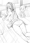  ass breasts chibi detached_sleeves hatsune_miku headphones large_breasts long_hair lying monochrome nitroplus o_o on_stomach panties piiko_(aa_doushiyou) seiza sideboob sitting sketch skirt solo super_sonico towel twintails underwear vocaloid 