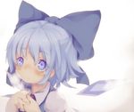  bad_id bad_pixiv_id blue_eyes blue_hair blush bow cirno hair_bow hands_clasped heavy_breathing masirosu own_hands_together parted_lips short_hair simple_background solo touhou wings 