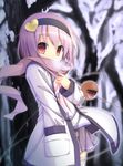  absurdres akirame alternate_costume coat contemporary hand_in_pocket highres komeiji_satori leaning_back long_sleeves looking_at_viewer open_clothes open_coat pink_eyes pink_hair scarf scarf_over_mouth shirt skirt snow solo third_eye touhou tree 