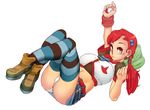  akane_(pokemon) ankle_boots asuna_(pokemon) bad_id bad_tumblr_id boots breasts crossed_ankles fusion gonzozeppeli hair_ornament hairclip large_breasts long_hair lying midriff miniskirt on_back panties pantyshot pantyshot_(lying) pillow poke_ball pokemon pokemon_(game) red_eyes red_hair revision skirt smile solo striped striped_legwear suzuna_(pokemon) thighhighs twintails underwear white_panties wristband 