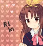  absurdres bad_id bad_pixiv_id bow brown_eyes brown_hair crossdressing hairband highres little_busters! long_hair naoe_riki otoko_no_ko pink_bow school_uniform yushima 