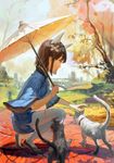  absurdres animal_ears blurry brown_hair cat cat_ears chinese_clothes depth_of_field from_side hair_ornament hairclip highres jeanex landscape original profile short_hair shorts squatting thighhighs tree umbrella white_legwear 