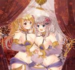  alternate_breast_size alternate_costume armlet asymmetrical_docking bare_shoulders bat_hair_ornament blonde_hair blue_eyes blush bracelet breast_press breasts brown_eyes cleavage cosplay crossover curtains detached_sleeves flower groin hair_flower hair_ornament himeria himeria_(cosplay) holding_hands interlocked_fingers jewelry large_breasts little_busters! long_hair midriff multiple_girls navel neck_ring noumi_kudryavka open_mouth ribbon see-through serino_itsuki shiny shiny_skin side_ponytail silver_hair skindentation tassel unlimited_hearts 