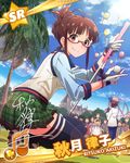  akizuki_ritsuko audience ball balloon beamed_eighth_notes brown_eyes brown_hair card_(medium) character_name character_signature earrings folded_ponytail gloves golf golf_ball golf_club hagiwara_yukiho idolmaster idolmaster_(classic) idolmaster_million_live! jewelry looking_at_viewer multiple_girls musical_note official_art palm_tree skirt smile squatting thighhighs tree vest visor_cap 