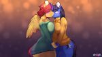  2018 anthro areola berry_slice big_breasts blush breasts butt clothed clothing cutie_mark digital_media_(artwork) dragk duo equine fan_character feathered_wings feathers female female/female friendship_is_magic fur hair hand_holding hi_res horn kissing mammal mint_petal multicolored_hair my_little_pony pegasus simple_background sweater two_tone_hair unicorn wings 