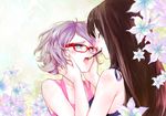  blush brown_hair closed_eyes flower food glasses hands_on_another's_cheeks hands_on_another's_face lily_(flower) multiple_girls original patipat_asavasena pocky pocky_kiss shared_food short_hair silver_hair sparkle yuri 