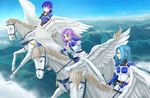  armor bad_id bad_pixiv_id blue_eyes blue_hair circlet farina_(fire_emblem) fiora fire_emblem fire_emblem:_rekka_no_ken florina gloves highres long_hair multiple_girls pazuzu438 pegasus pegasus_knight purple_hair short_hair siblings sisters thighhighs 