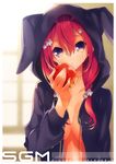  animal_hood apple black_hair breasts bunny_hood food fruit goroo hair_ornament hood hoodie long_hair medium_breasts naked_hoodie original red_hair solo upper_body 