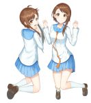  2girls :d blue_skirt brown_eyes brown_footwear brown_hair hands_up highres kneehighs long_hair long_sleeves multiple_girls nisekoi onodera_haru onodera_kosaki open_mouth red_neckwear school_uniform seonrang shirt shoes siblings sidelocks simple_background sisters skirt smile uniform white_background white_legwear white_shirt 