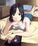  bad_id bad_pixiv_id bare_legs barefoot bed black_eyes black_hair breasts cleavage computer desk foreshortening highres kagematsuri looking_at_viewer lying medium_breasts on_bed on_stomach original pillow short_hair shorts solo tablet_pc 