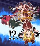  2girls animal_ears arms_behind_back blonde_hair bow braid breasts cat_ears cat_tail hanging kaenbyou_rin kezune_(i-_-i) kurodani_yamame large_breasts mary_janes multiple_girls multiple_tails nekomata red_hair shoes tail torn_clothes touhou upside-down white_legwear 