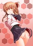  1girl ass blush brown_hair el_(canon_jihad) female kantai_collection long_hair looking_at_viewer no_panties pussy school_uniform serafuku smile solo standing uncensored yellow_eyes 