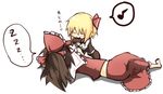  barefoot blonde_hair bow brown_hair closed_eyes crossed_legs detached_sleeves eating eating_hair eighth_note frills hair_bow hair_tubes hakurei_reimu holding kumo_(atm) long_hair lying midriff multiple_girls musical_note no_nose on_side ponytail rumia short_hair sitting sleeping smile speech_bubble spoken_musical_note touhou translated zzz 