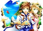  1boy 1girl alicia_(tales) alisha_diphda belt book breasts brown_hair capelet coat earrings gloves green_eyes jewelry leaf leaves long_hair open_mouth ribbon short_hair side_ponytail sky slay_(tales) smile sorey_(tales) tales_of_(series) tales_of_zestiria 