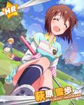  ^_^ bob_cut brown_hair character_name closed_eyes ferris_wheel fukuda_noriko golf golf_club hagiwara_yukiho idolmaster idolmaster_(classic) idolmaster_million_live! momose_rio multiple_girls official_art skirt smile 