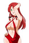  1girl black_ribbon breasts collarbone commentary_request dress green_eyes hair_ribbon halterneck hand_behind_head hand_on_hip highres hong_meiling huge_breasts long_hair looking_at_viewer navel no_bra red_dress red_hair revealing_clothes ribbon shiraue_yuu side_braids simple_background solo touhou tress_ribbon white_background 