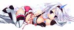  bare_shoulders black_gloves blush boots breast_press breasts gloves hairband heart horn jewelry kirin_(armor) kizuki_erika large_breasts long_hair looking_at_viewer lying monster_hunter monster_hunter_4 on_stomach pendant pouch purple_eyes ribbon smile solo thigh_boots thighhighs white_hair 