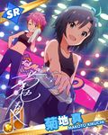  :d ;d beamed_eighth_notes black_hair bottle card_(medium) character_name character_signature idolmaster idolmaster_(classic) idolmaster_million_live! kikuchi_makoto looking_at_viewer maihama_ayumu midriff multicolored_hair multiple_girls musical_note navel official_art one_eye_closed open_mouth pink_hair short_hair smile stage stage_lights towel water_bottle 