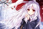  animal_ears bamboo blush breasts bunny_ears food fruit hands_clasped ke-ta large_breasts long_hair looking_at_viewer necktie open_mouth oriental_umbrella own_hands_together persimmon purple_hair red_eyes reisen_udongein_inaba snow solo touhou tree umbrella 