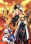  absurdres bardiche black_legwear blonde_hair boots brown_hair cape coat dirty_clothes dirty_face dress fate_testarossa fingerless_gloves gauntlets gloves hair_ornament hair_ribbon highres jacket komori_atsushi long_hair lyrical_nanoha magical_girl mahou_shoujo_lyrical_nanoha_strikers multiple_girls official_art open_clothes open_jacket planet purple_eyes raising_heart red_eyes red_hair ribbon short_hair single_gauntlet single_glove sitting skirt smile staff sunset takamachi_nanoha thighhighs twintails waist_cape x_hair_ornament yagami_hayate zettai_ryouiki 